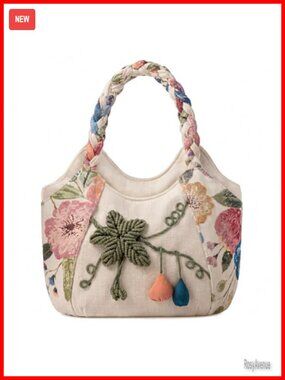 Embroidered Canvas Tote Bag Floral Multi Pocket Satchel Handbag